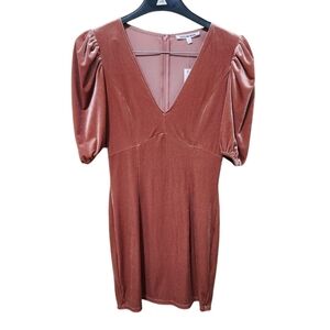 NWT Forever 21 Velvey Puffy Sleeve Deep V-Neck Dress Dusty Rose Size S Holiday